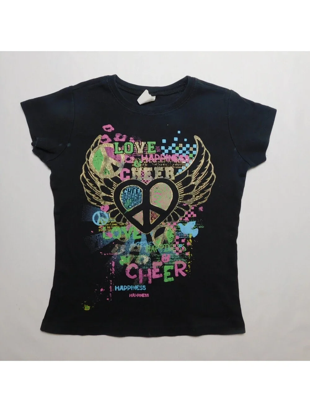 Vintage Cheer Love Happiness T Shirt Youth L Black Peace Sign Wings Y2K Graphic